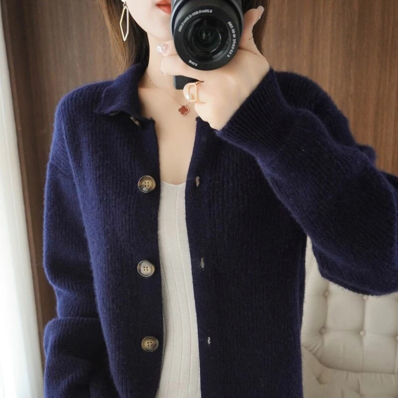 DonLevia~ autumn and winter half turtleneck cashmere cardigan coat women's high-end short style simple temperament thickening and thin