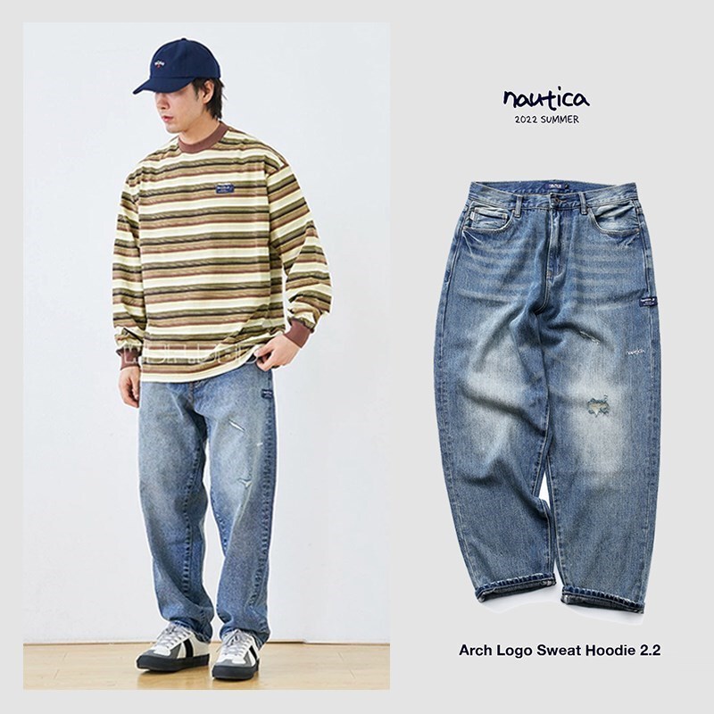 Nautica Hasegawa-Produced Washed Knife-Cut Vintage Jeans for Men, Distressed and Frayed, Loose Tapered Trousers, Trendy