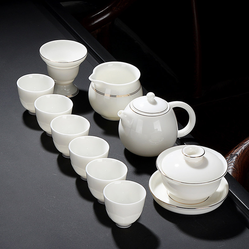 Dehua Goat Grease Jade White Porcelain Kung Fu Tea Set Group Modern Brief Yolong Egg Teapot Day Style Pint Tea Cup Living Room Home