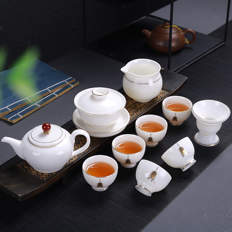 Shea Butter Jade Porcelain Tea Set Group White Porcelain Chinese Pot Lid Bowl full set Gongfu Tea furniture Home Brief Ceramic Tea Cup