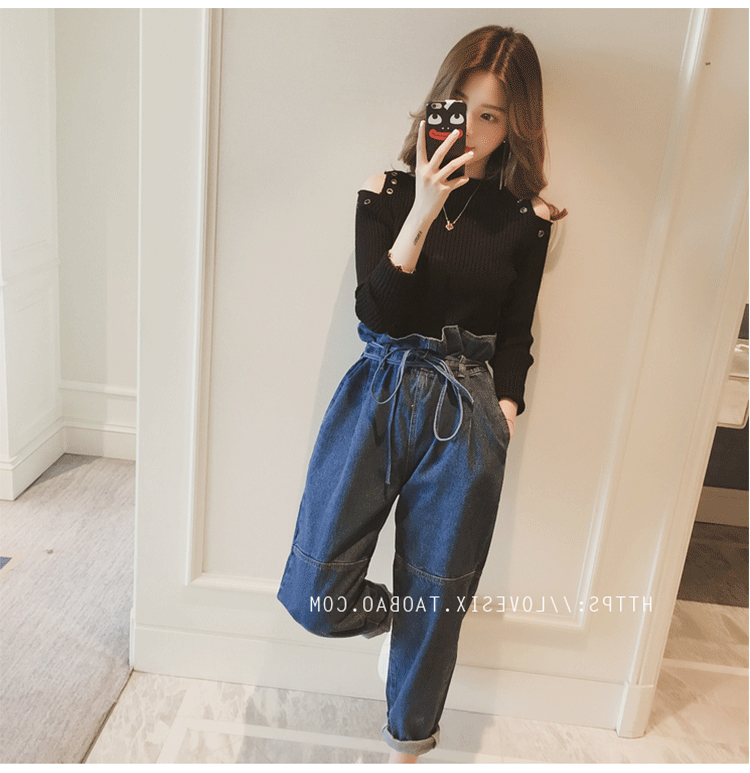 Áo len dệt kim nữ dài tay mùa thu 2018 Áo len mới Joker Thin phần Heartless Shoulder Fall bottom Leaking Shoulder Tops Women thời trang nữ cao cấp