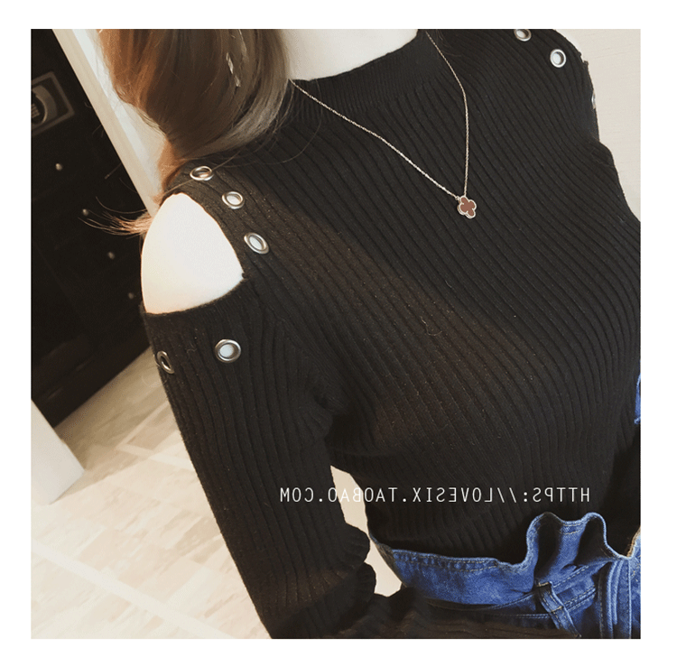 Áo len dệt kim nữ dài tay mùa thu 2018 Áo len mới Joker Thin phần Heartless Shoulder Fall bottom Leaking Shoulder Tops Women thời trang nữ cao cấp