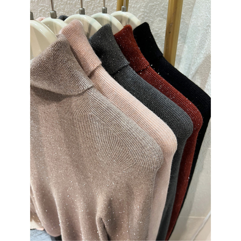 Wool Blend Turtleneck Sweater for Women, Autumn and Winter, Solid Color, Shiny Base Layer, Seamless Knit Top