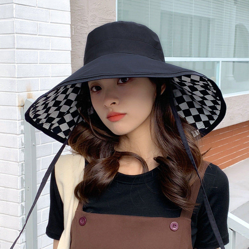 2022 new hat female double-sided wearing plaid big brim sun hat summer face-covering fisherman hat big eaves sun visor thin