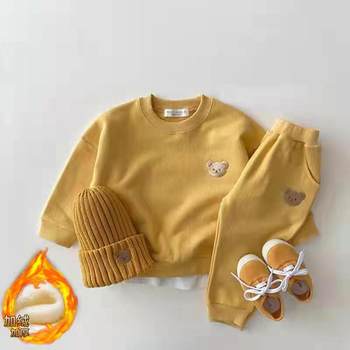 Korean version of the baby bear round neck sweater sports pants casual suit children's autumn and winter plus velvet two-piece set