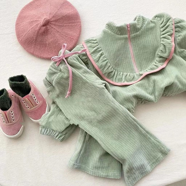 Korean version of children's clothing spring and autumn girls' corduroy sweater sweater pants two-piece set baby foreign fashion fashion small fragrance suit