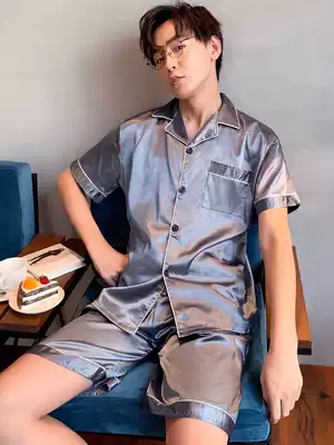 Pajamas men's summer short sleeve shorts Ice Silk thin silk men's large size loose spring and summer home clothing set summer