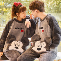 Autumn and winter couple pajamas coral velvet plus velvet padded flannel cartoon warm Round Neck home suit two-piece set
