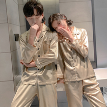 Couple pajamas womens spring and autumn long-sleeved ice silk mens loose large size casual silk autumn and winter home wear suit