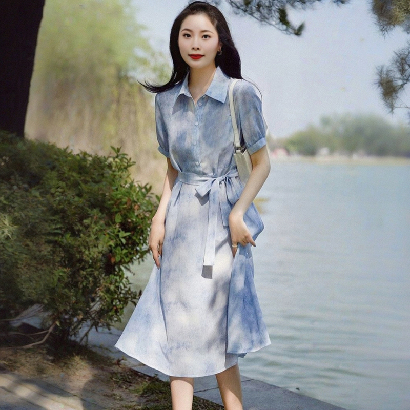 Heart-Warming at First Glance! French Tie-Dye Blue Heavy Silk Dress, Summer High-End Mulberry Silk Shirt Long Dress