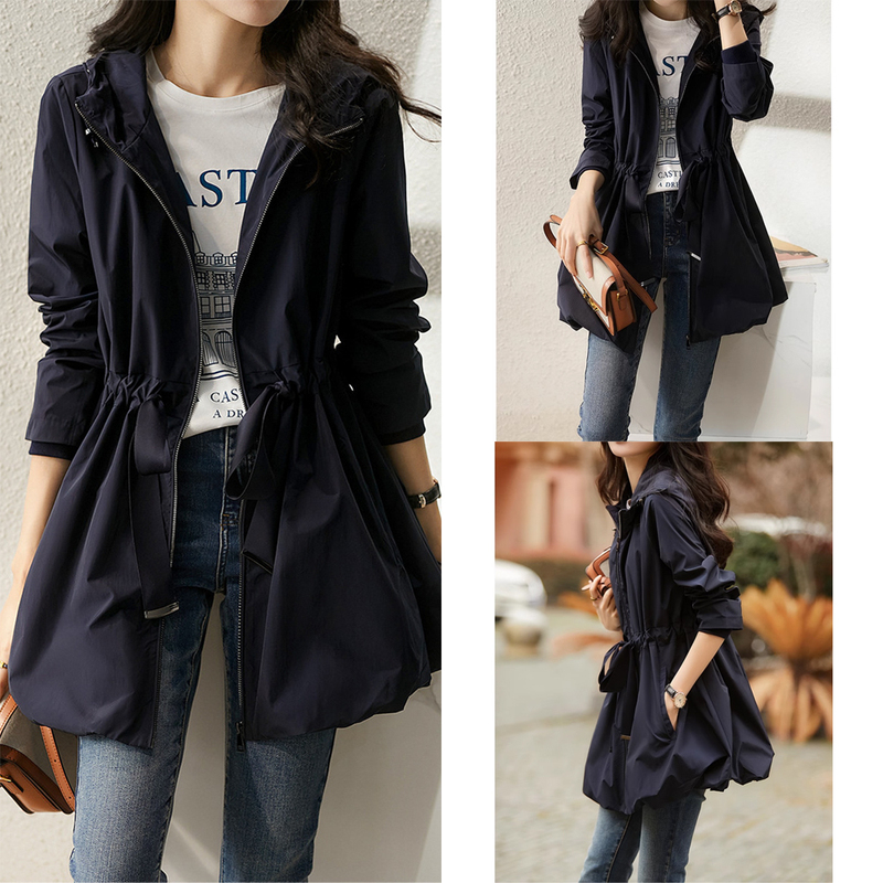 Highly Recommended! New Spring and Autumn Women's Fashion Coat That Covers the Body, Looks Slimming, Hooded, Mid-Length, Black, Loose Trench Coat