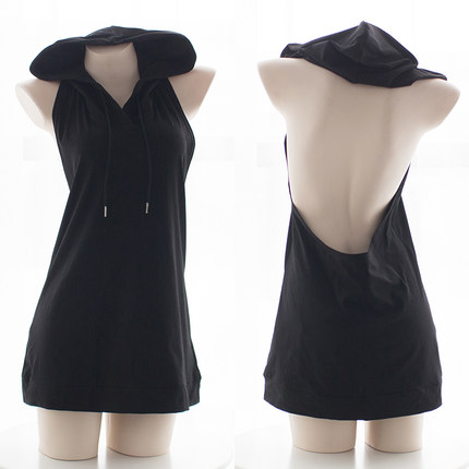 七了个三 性感露背背心卫衣黑色连帽卫衣超大镂空背心裙上衣黑-tmall.com天猫