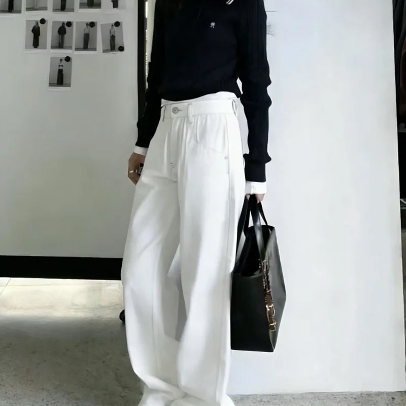 Wedge Shadow Pony Embroidered Scimitar Jeans for Women High Waist Straight Wide Leg Loose Cool Casual Lazy Pants Spring Summer