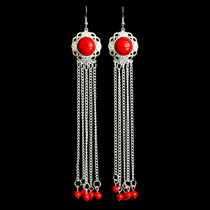 Mongolian element earrings womens long tassel alloy earrings National style retro inlay earrings dance accessories