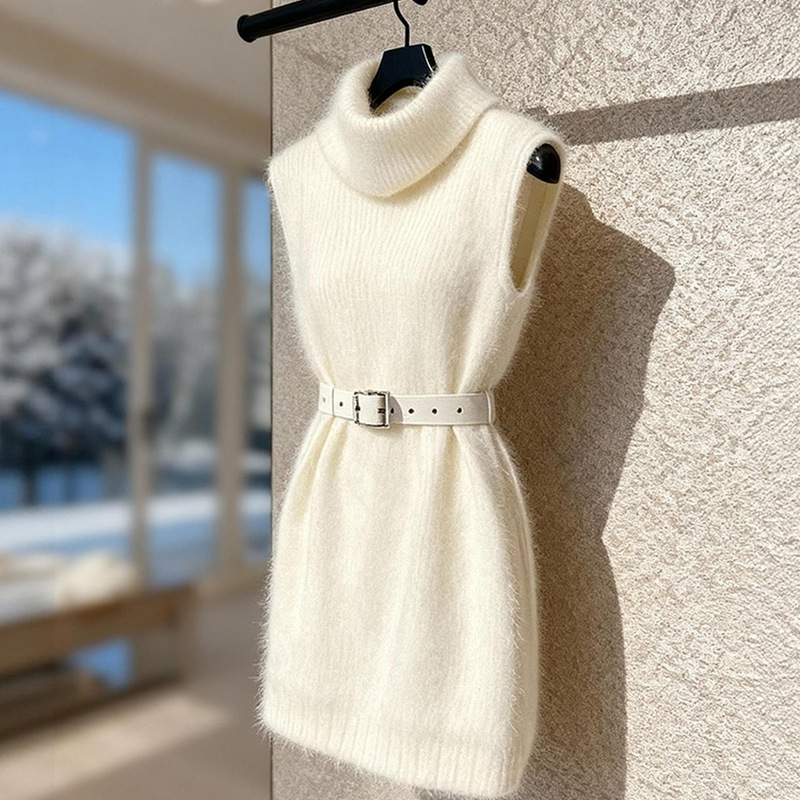 Dress for Attending Important Events: a White Knitted Turtleneck Vest Dress with a Waist-Cinching Design and Layered Look, Suitable for Petite Figures, Winter