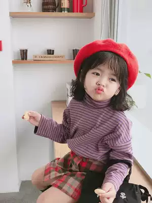 Cold aunt custom autumn and winter New bottomed striped high neck shirt men and women children long sleeve loose inner top parent-child