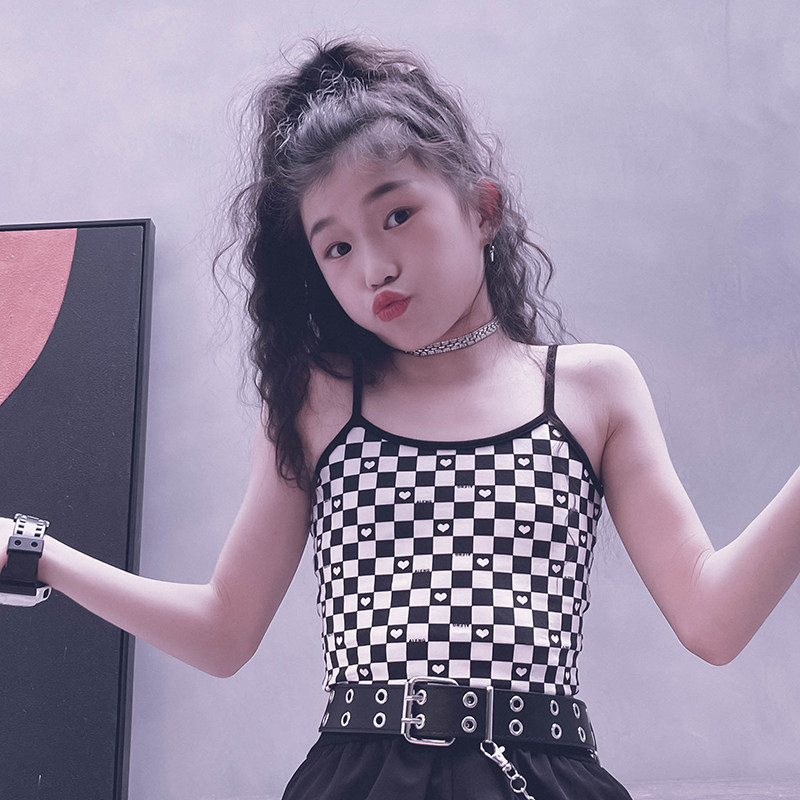 Leng Da Niang custom girls checkerboard grid cotton suspender jazz dance troupe style anti-light top parent-child model