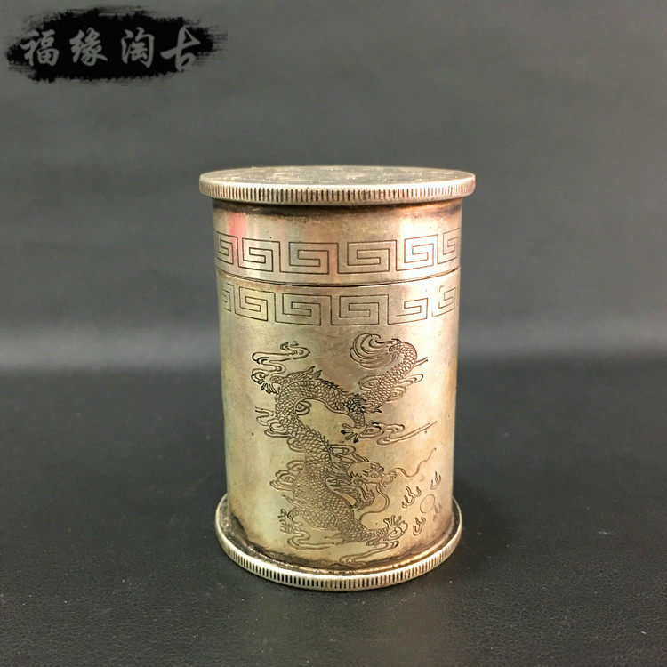 Imitation ancient white bronze dragon and phoenix toothpick box toothpick cylinder tobacco wire box silver dollar personality creative copper box ancient play miscellaneous collection