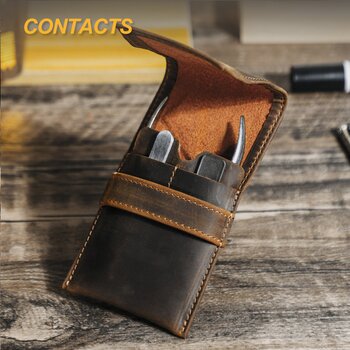 Black angel retro crazy horse leather travel eyebrow scissors makeup tool storage bag portable ring cutter cosmetic bag