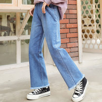  Girls denim wide-leg pants 2021 new spring and autumn Korean version of Western style middle and large childrens casual loose straight pants 10 years old