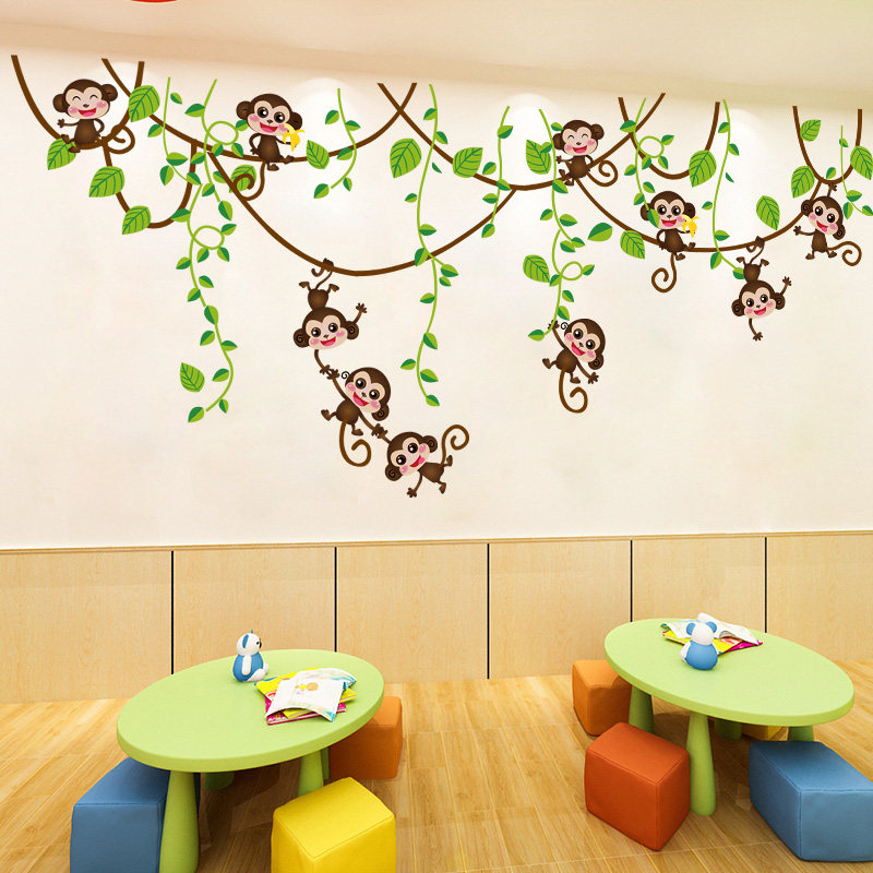 Cartoon monkey climbing vine wall sticker baby bedroom boy children's room wall top background wall decoration sticker self-adhesive