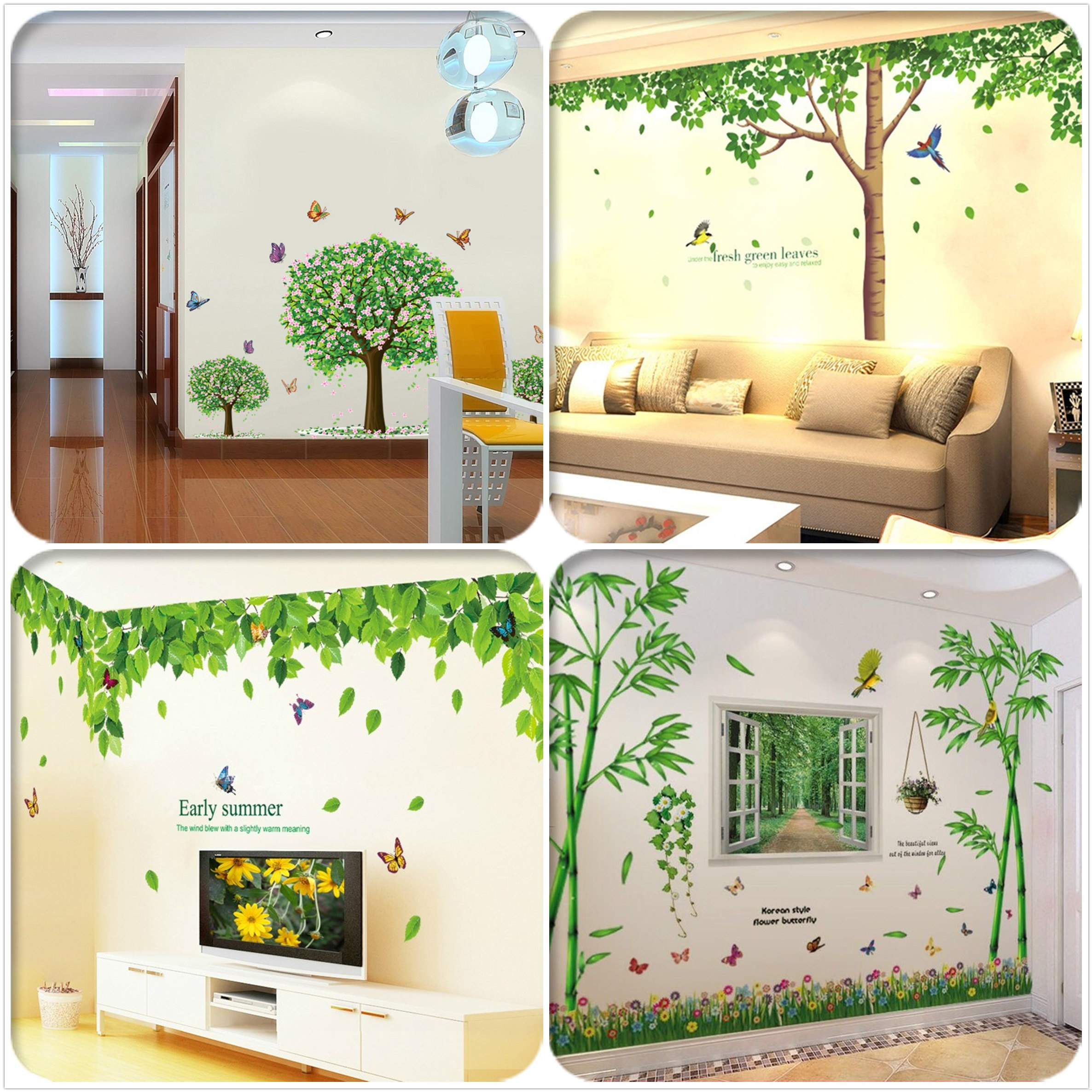 Cozy living room sofa TV background wall stickers Bedroom wall Wall Paper Self-Adhesive Little Fresh Green Leaf Sticker