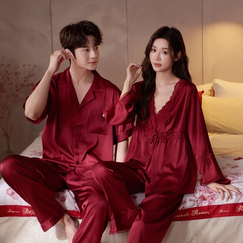 Three-Piece Set of Silk Pajamas for Women, Red Wedding Mulberry Silk, Newlywed Summer Thin Home Wear, Men's Gift Box Set