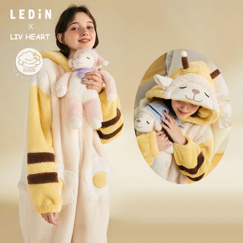 Leding LIVHEART joint (hugging fleece) pajamas women's winter cute bee sheep home service suit jumpsuit