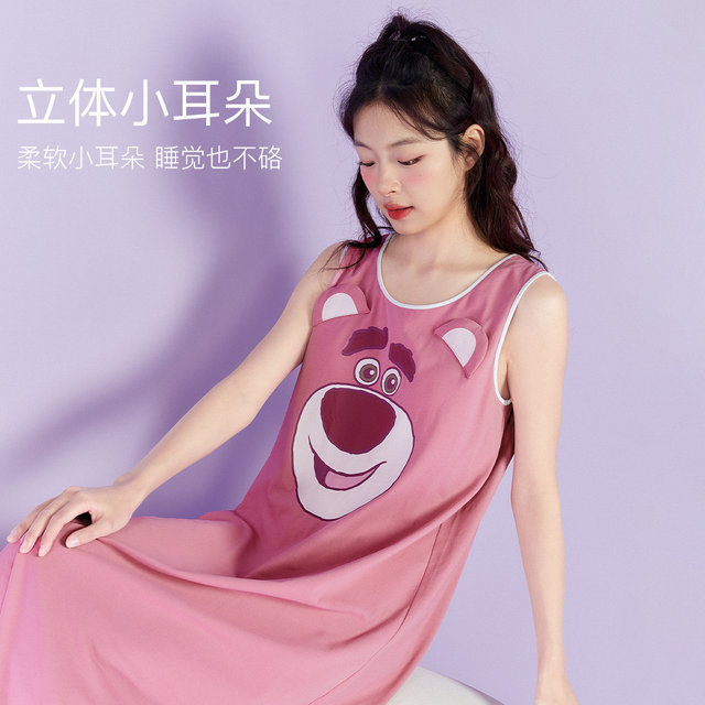 ປ່ອຍໃຫ້ເຢັນ Strawberry Bear Vest Nightgown ຂອງແມ່ຍິງ Summer Sleeveless Padded Pajamas ເຄື່ອງນຸ່ງຫົ່ມເຮືອນງາມ