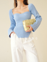 ROEYWANGgao grade fashionable trapy knitwear spring vintage square collar slim slim long sleeve top ins style