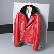 GD star with slp wind leather locomotive leather mens sheep skin lapel hooded can be removed locomotive clip overcome