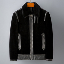 High-quality leather wool mens motorcycle jacket Korean version of the trend handsome rivets youth sheep cut wool jacket