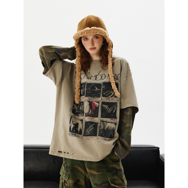 American High Street Style Fake Two-Piece Camouflage Distressed Design Long-Sleeve T-Shirt for Men and Women, Retro Street Fashion Vintage Top