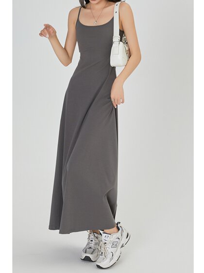 Linfanging Gray Micro-Elastic Dress Spring Versatile Loose A-Line Long Slip Dress Women's Casual Long Dress