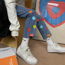 Fat sister mm size womens high waist loose straight jeans 2021 new winter wear wide leg pants children thin