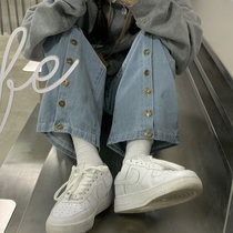 Fat sister mm size womens autumn New 2021 loose high waist straight wide leg jeans children thin tide