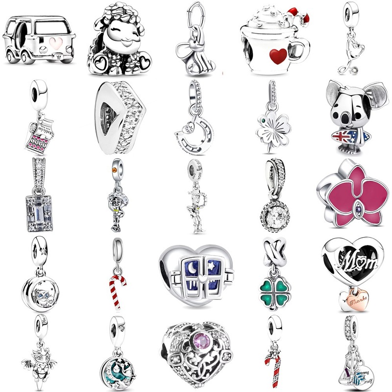 Panjiajia S925 Sterling Silver Beads Blue Red Heart Car Apple Fox Pendant Bracelet DIY Accessories