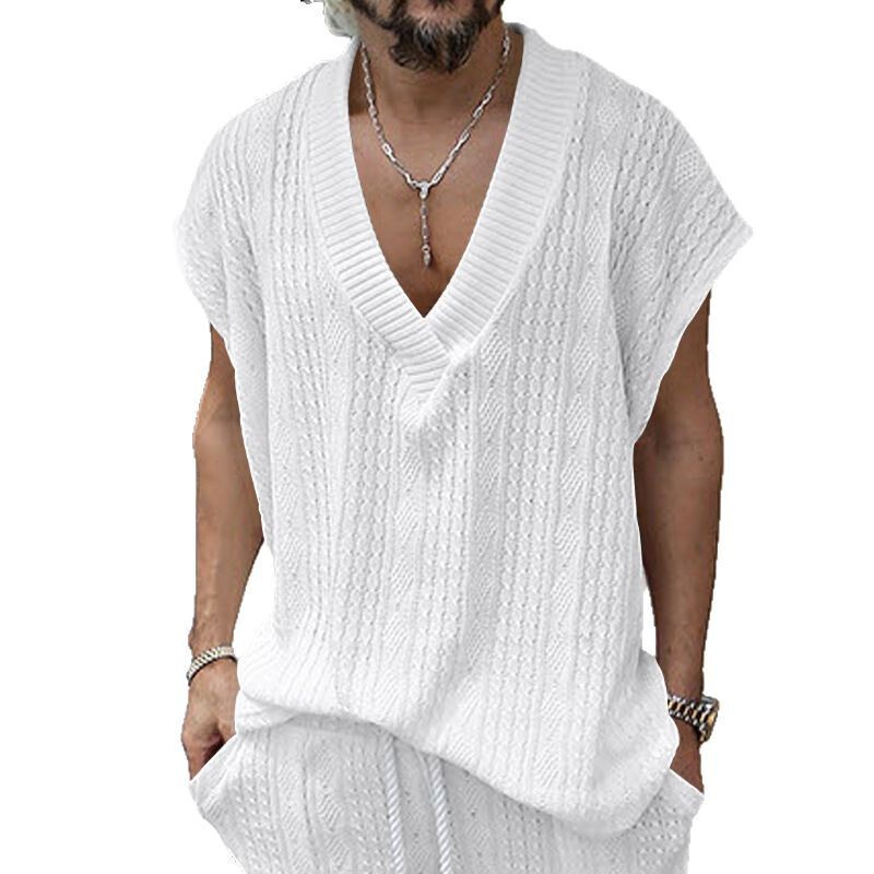 Men's Casual Large V-Neck Loose Jacquard Imitation Knit Vest European and American Simple Summer Sleeveless T-Shirt Solid Color Pullover Vest