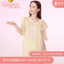 Lanzuri Teenage Girls Home Dress Up And Down Suit Sweet Lotus Leaf Collar Short Sleeve Seven-minute Pants Loose Pyjamas Can Be Worn Out