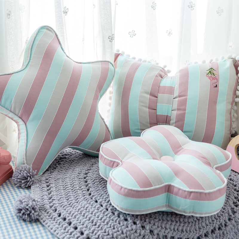 Ins wind green powder striped Nordic bow pompom flower pillow five-pointed star shape pillow bay window cushion pillow