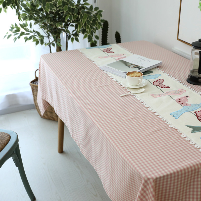 Pink Plaid Small Fresh Korean Embroidered Bird Sailing Cartoon Table Fabric Tea Table Cloth Children's Desk Cover Cloth