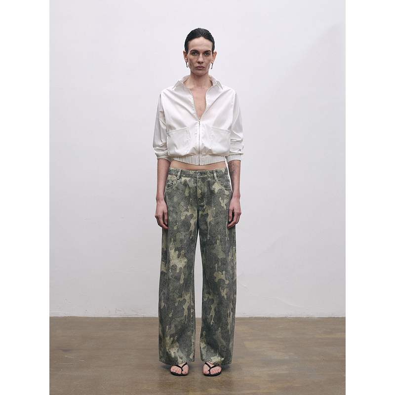 Sansfrontieres Exclusive Series Hand-Painted Faded Nostalgic Camouflage Wide-Leg Jeans