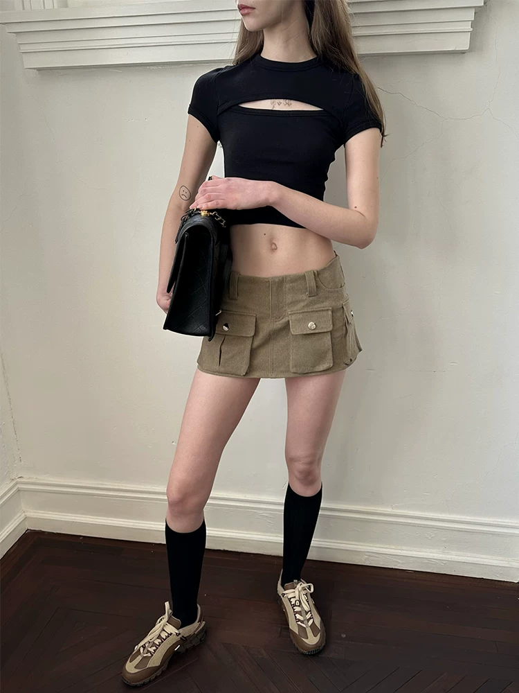 SANSFRONTIERES "KIM T-Shirt" hollow design high-waist short shoulder slim T-shirt