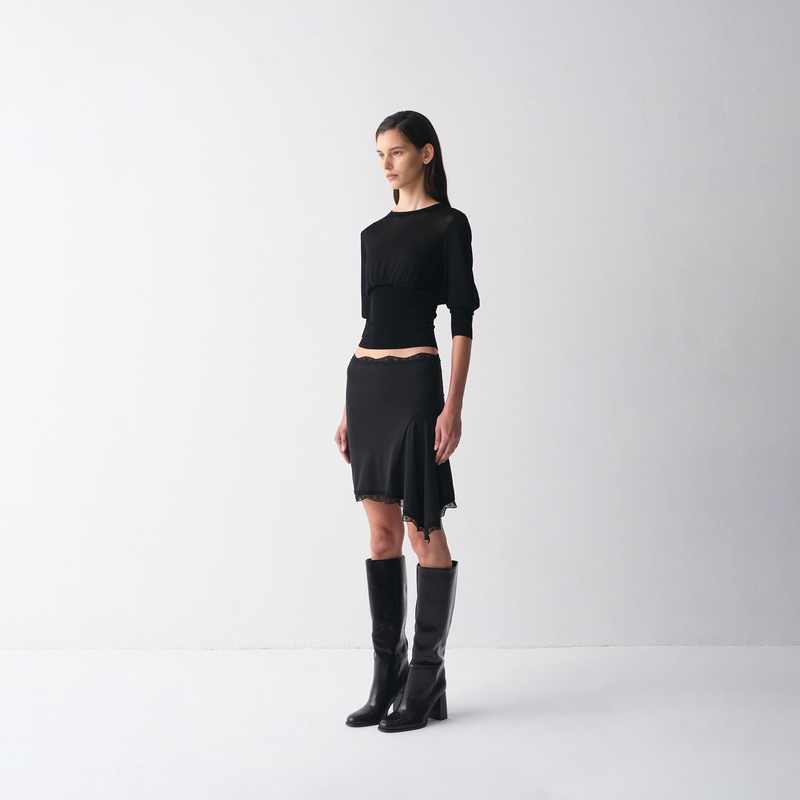 Sansfrontieres Soft Misty Bubble Sleeve Lightweight Round Neck Waist-Cinching Knitted Short-Sleeve Top