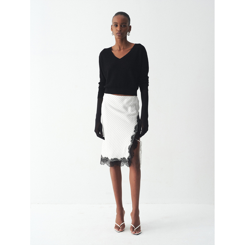 Sans Frontieres 100% Acetate Black and White Striped Lace Patchwork Lace-Up Knee-Length Skirt