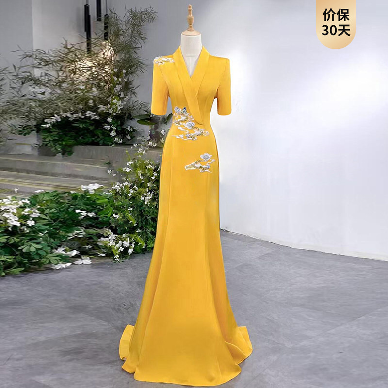 Chinese-Style Evening Dress, Host, Choir Conductor Performance Costume, Yellow Art Exam High-End Folk Music Long Dress