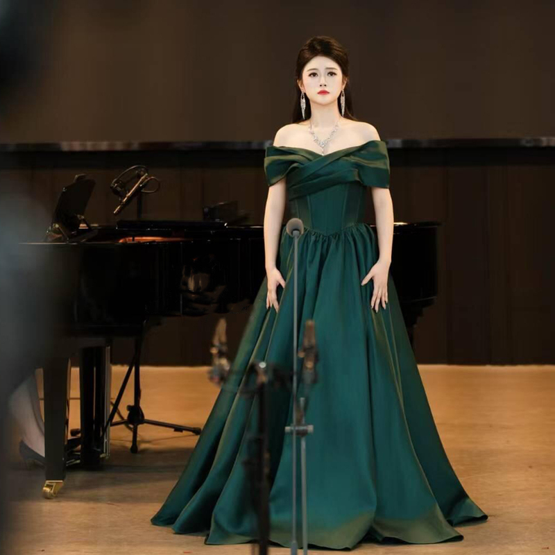 Green Satin Evening Dress Piano Performance Niche Classy Host Banquet Mono Solo Art Exam Performance Clothing for Women