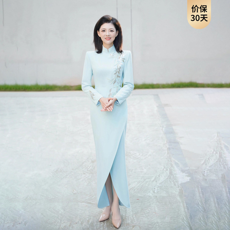 New Chinese-Style Hostess Dress, Dignified and Elegant, Vocal Arts Exam Broadcasting Professional Suit Dress, Blue Singer Performance Outfit New Chinese-Style Hostess Dress, Dignified and Elegant, Vocal Arts Exam Broadcasting Professional Suit Dress, Blue Singer Performance Outfit