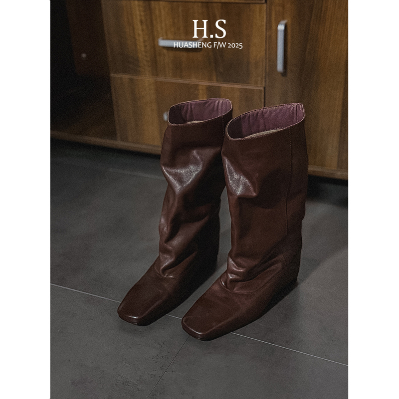 【Huasheng Handmade Original】Heavy-Duty Washed Square-Toe Height-Increasing Long Knight Boots with High Heels and Wide Shaft for Women 【Huasheng Handmade Original】Heavy-Duty Washed Square-Toe Height-Increasing Long Knight Boots with High Heels and Wide Shaft for Women