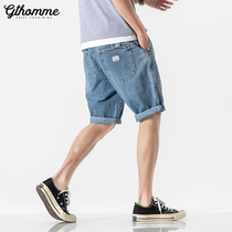 Summer new mens denim shorts trend loose straight casual Joker thin light five-point pants Tide brand